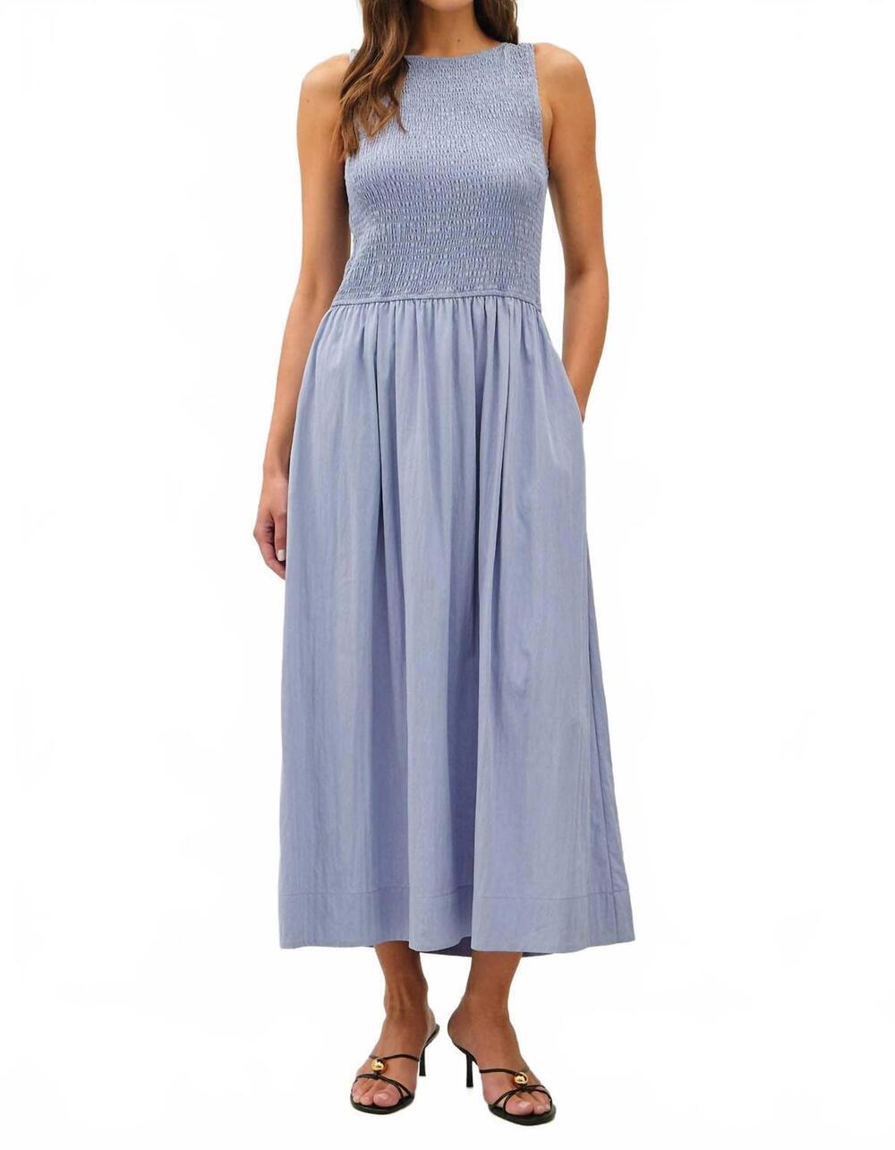 NEW BE COOL women's boatneck smocked tank midi dress in powder blue